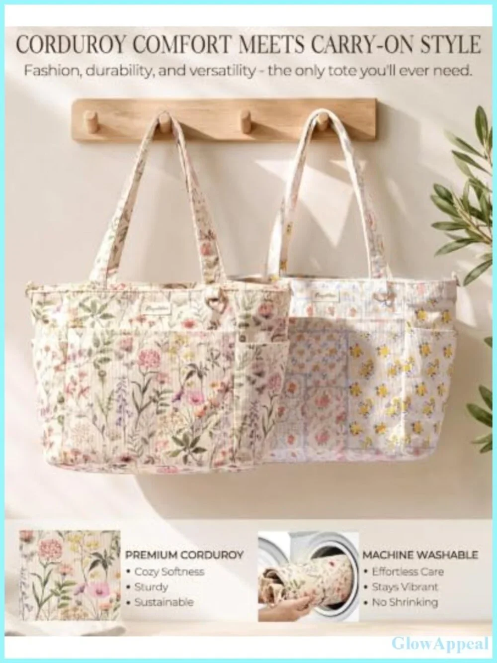 Corduroy Tote Bag for Women Teacher Nurse Work Laptop Purse with Bottle Holder